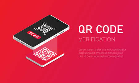 Qr verification. A mobile phone with a scanner reads the qr code in isometric style Vector illustration EPS 10のイラスト素材