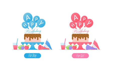 Happy birthday greeting illustrations set for boy and girl Vector illustration EPS 10のイラスト素材