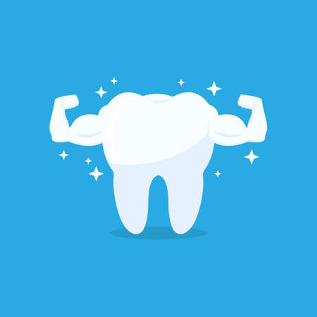 Strong Muscle Healthy Tooth vector icon. White tooth with biceps on blue backgroundのイラスト素材