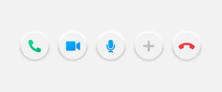 Video chat interface vector icons set in neumorphic style. Video call conference buttons in...