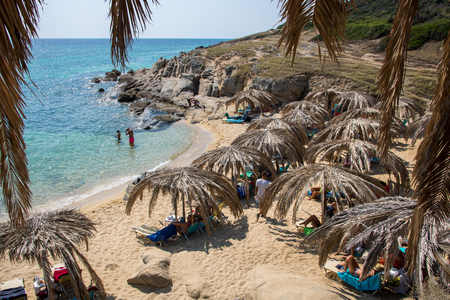Beautiful Tigania beach on Greek peninsula Sithonia, part of larger peninsula Chalkidikiのeditorial素材