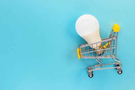 Light bulb in mini shopping cart on blue background. Saving energy and environment concept. Flat...