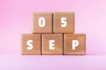 5 SEP text on wood cubes. 5th September. Holiday date. International Day of Charity. Wooden blocks on pink background.の写真素材