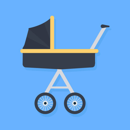 Baby carriage icon isolated on blue background. Pram for newborn. Kids transport. Children theme. Flat vector illustration.のイラスト素材