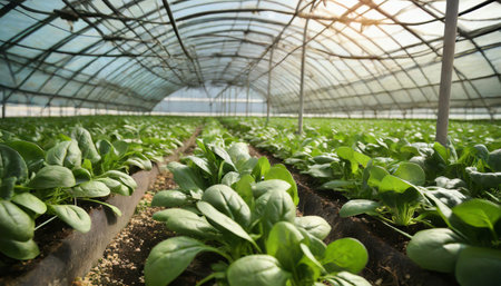 Spinach growing in a greenhouse. Organic agriculture. Natural and healthy food. Eco green business. Farming gardening concept.の素材
