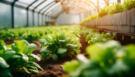 Green lettuce salad growing in a greenhouse. Organic agriculture. Natural and healthy food. Eco green business. Farming gardening concept.の素材