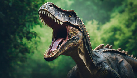 Big scary Dinosaur roaring in jungles, prehistoric plains. Ancient reptile with sharp teeth. Dark green blurred backdrop.の素材