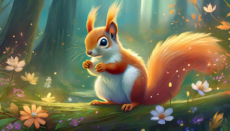 Oil illustration of cute fluffy squirrel in woods. Wild forest animal. Natural background. Hand drawn art.の素材