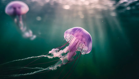 Pink jellyfish floats in dark sea water. Mauve Stinger, Pelagia noctiluca. Underwater life. Clean ocean. Beautiful light.の素材