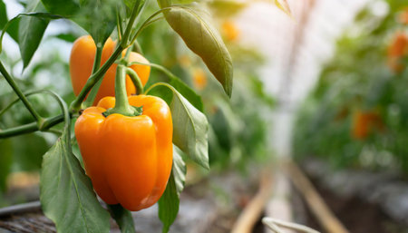 Orange bell pepper growing in a greenhouse. Organic agriculture. Natural and healthy food. Eco green business. Farming gardening concept.の素材