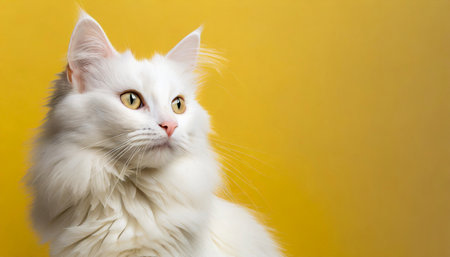 Portrait of cute white cat on yellow background. Adorable fluffy pet. Image for banner of zoo store or vet clinic.の素材
