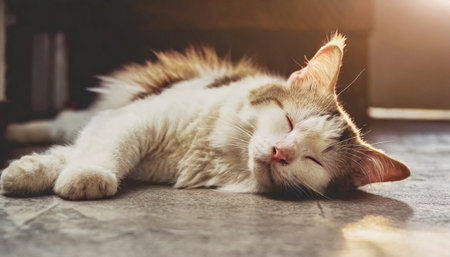 Cute fluffy cat sleeping on the floor at home. Adorable pet. Morning light.の素材