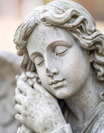Gray stone sculpture of sleeping guardian angel. Antique texture visible. Minimalist religious concept. Close-up.の素材