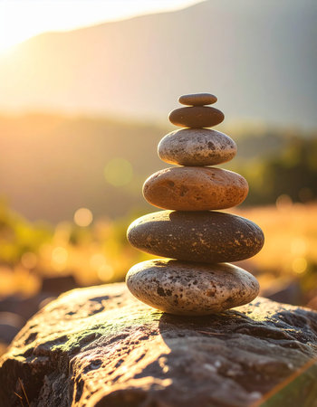Stack of smooth zen stones balanced on rock. Golden hour sunlight softly illuminating, tranquil background landscape. Close-up.の素材
