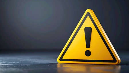 Yellow triangular caution sign with black exclamation mark on dark background. Warning or hazard concept. Close-up.の素材