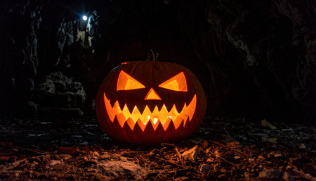 Jack o lantern, Halloween pumpkin with scary carved face in dark cave. Happy holiday. Close-up.の素材
