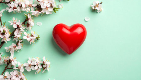 Glossy red heart on pale green background with pink flowers. Love and romantic concept. Close-up.の素材