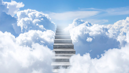 Mystical old stone white stairs to the heaven through glowing white clouds. Beautiful fantasy scene. Close-up.の素材