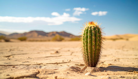 Green cactus, sharp spines and ridges. Sandy desert and vivid sky in soft blur behind. Desert scene. Natural landscape. Close-up.の素材
