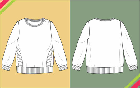 BABY BOY AND GIRL ROUND NECK FULL SLEEVE FRILL POCKET T-SHIRT FASHION TECHNICAL FLAT SKETCH TEMPLATEのイラスト素材
