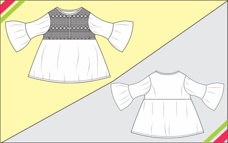 BABY CREW RIB NECK  SKIRT WITH CUFF SLEEVES TECHNICAL FASHION FLAT SKETCHのイラスト素材
