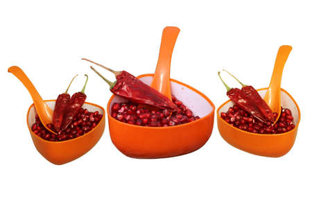 Reddish Spicy Chilly and Pomegranate seeds in orange cup with spoonの写真素材