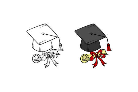Graduation cap hand drawn illustration sketch and colorのイラスト素材