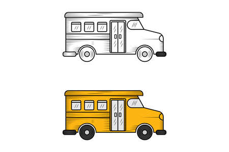 School bus hand drawn illustration sketch and color