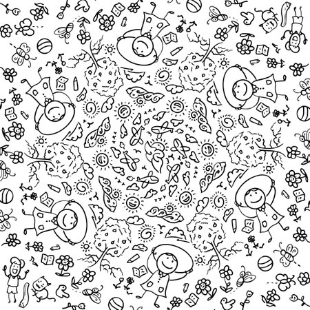 Set of Hand draw Kids doodle backgrounds. Objects from a child life.のイラスト素材
