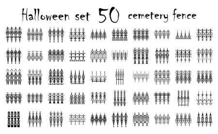 Spooky cemetery gate silhouette collection of Halloween vector isolated on white background. Scary, haunted and creepy fence elementのイラスト素材