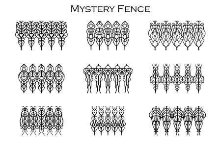 Assorted spooky cemetery fence silhouettes. Assets isolated on a white background. Scary, haunted and spooky fence elementsのイラスト素材