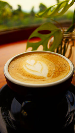 Coffee cup with heart shape in coffee shop, stock photoの写真素材