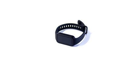 Black smart watch isolated on white background. Black Smart Band Fitness Tracker â Front View on White Backgroundの写真素材