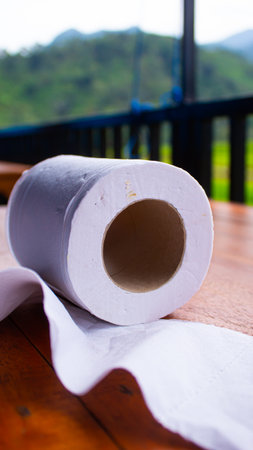 White Tissue Roll on Wooden Table â Minimalist Everyday Objectの写真素材