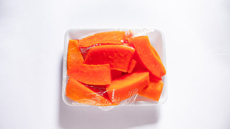 Sliced Papaya in Food Grade Plastic Wrap, Ready to Eat Fruit Packagingの写真素材