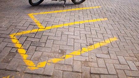 Yellow Parking Line Markings on Asphalt  Organized Parking Spaceの写真素材