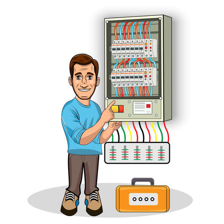 Vector illustration of Engineer repairing breaker switch box. Electrician checking breaker switch box.のイラスト素材