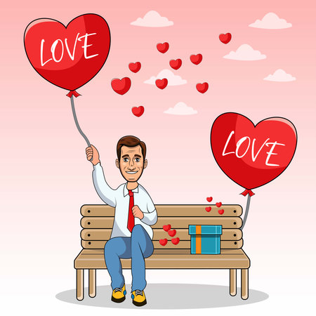 Valentines day greeting card with man sitting on bench and holding heart shaped balloons. Vector illustration.のイラスト素材