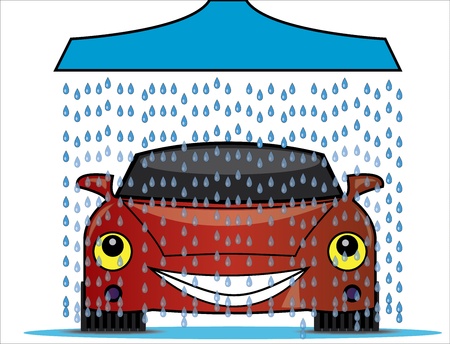 Illustration of a car wash with a blue shower pouring fresh water droplets on to a bright red happy carのイラスト素材