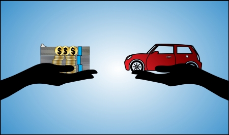 Illustrations of a Car loan in US Dollars or Car Payment using Hand Silhouettes and a beautiful red Carのイラスト素材