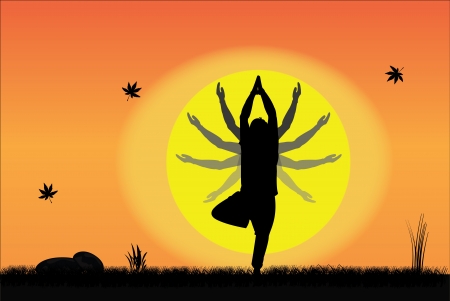 Young Man performing Yoga at sunrise or sunset in a peaceful setting with hand positions at different pointsのイラスト素材