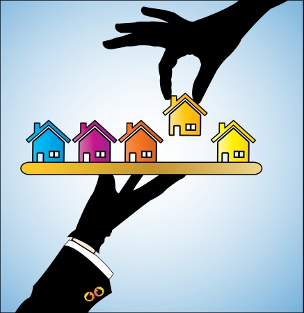 Illustration of buying a house - A customer choosing a house of his her choice from different choices of houses offered to him herのイラスト素材