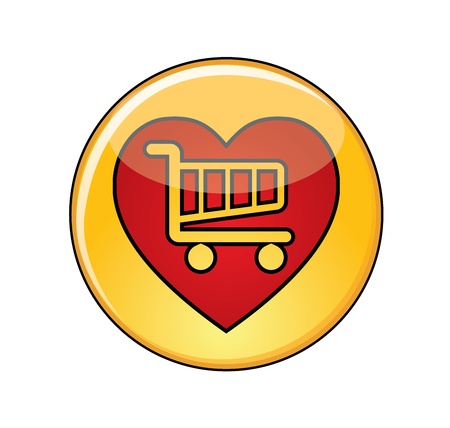 Illustration of Love Shopping Concept: A Glossy or Shiny Yellow Button with Red Heart containing a shopping trolleyのイラスト素材