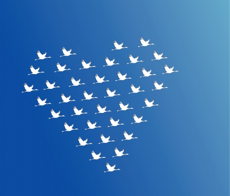 White Swans flying or Geese flying or Crane Flying in the shape of heart against a blue sky backgroundのイラスト素材
