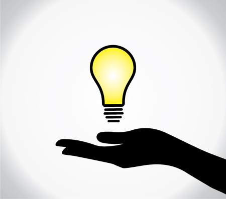 concept design vector illustration of A human hand silhouette sharing of bright and glowing yellow idea or solution light bulb のイラスト素材