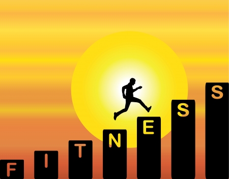 Fit Man running up the stairs which are with the text fitness with a bright orange evening sky with big yellow sun at sunrise or sunset in the backgroundのイラスト素材