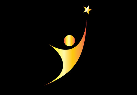 Young gold person aiming for excellence achievement success star. Youthful golden person aiming for the shining star, achieve ultimate greatness or dream goal or perfection in life - concept symbolのイラスト素材
