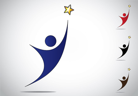 Colorful person winning or achievement success symbol icon. An ambitious man or woman reaching out to achieve high goals and golden star with white background - concept design illustration artwork setのイラスト素材
