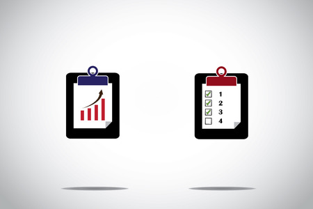notepad exam pad symbols with progress arrow and to do list icons   two different colorful bar chart with arrow and to-do list with tick boxes - concept design illustration art bright white backgroundのイラスト素材
