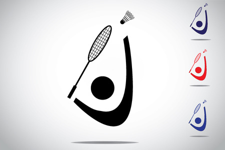 Badminton player playing smashing shuttlecock with racket, different colorful symbol icon set of Man or Woman athlete hitting shuttle with racket - concept design illustration white backgroundのイラスト素材